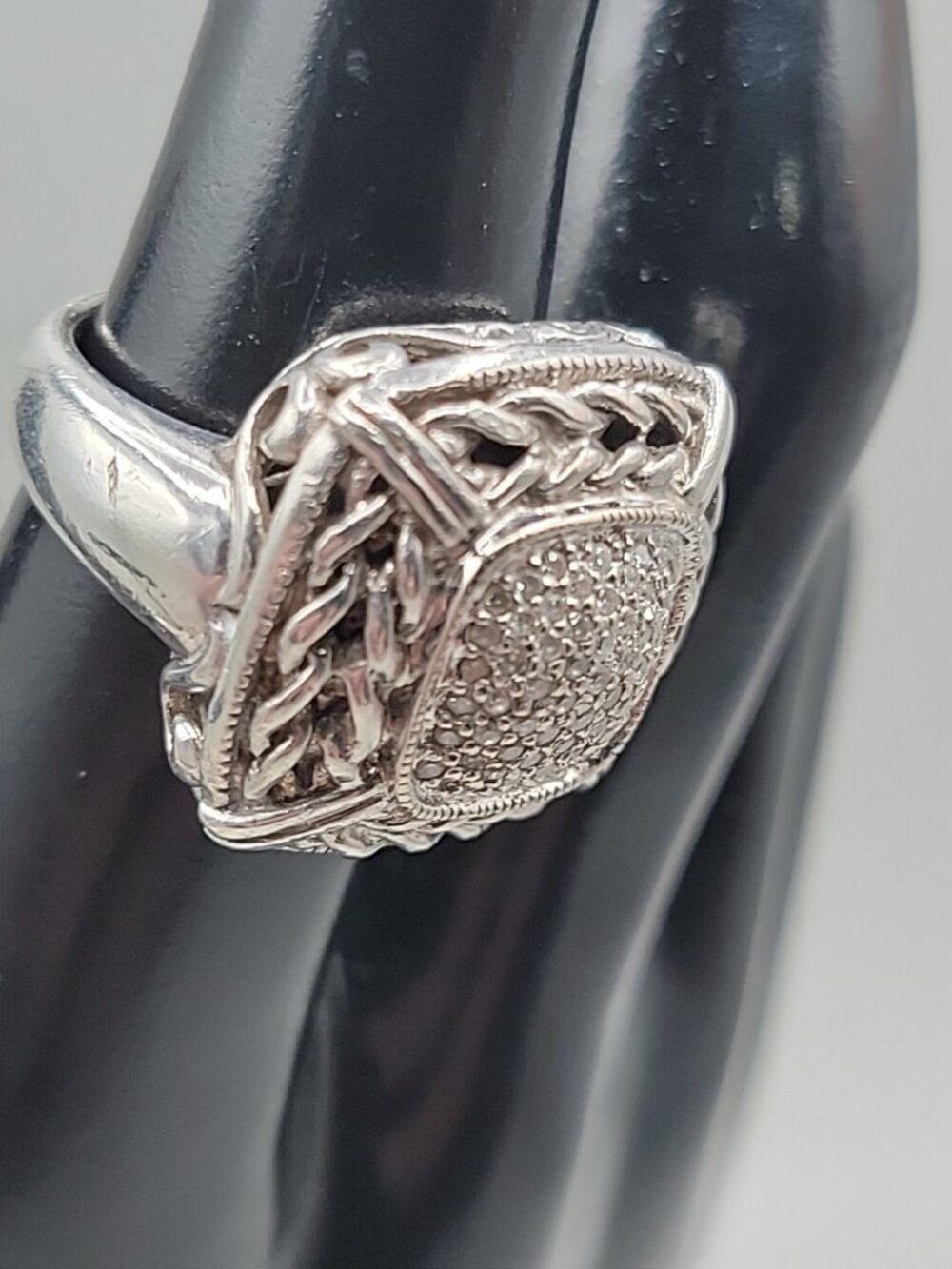 Gail Scott Sterling Silver & 18k Diamond Basket Weave Ring Ladies 6.75 15.66g - Picture 5 of 16